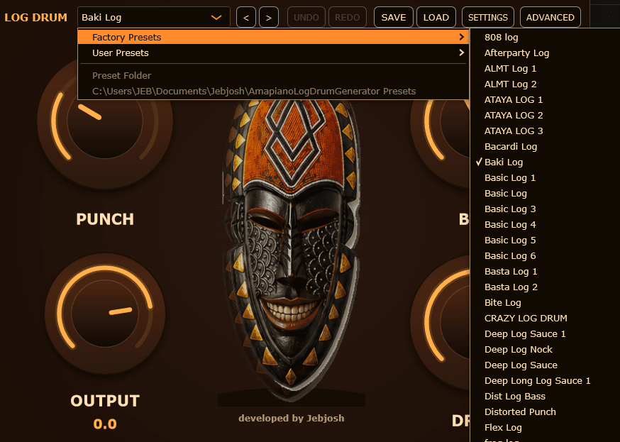 Amapiano Log Drum Generator presets page