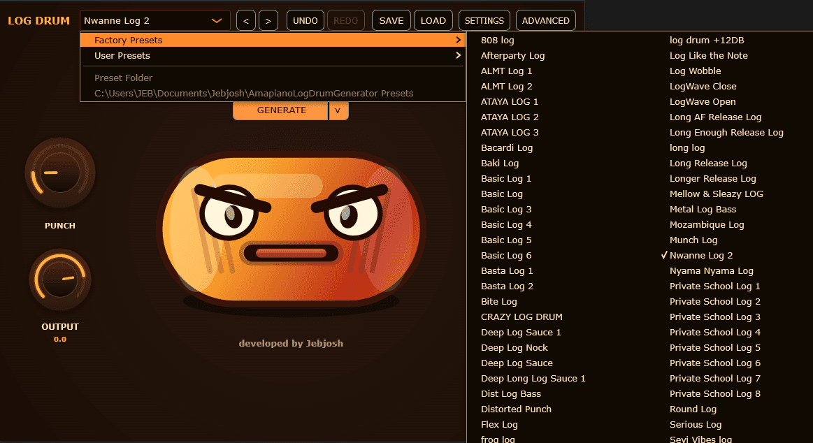 Amapiano Log Drum Generator presets alternate view